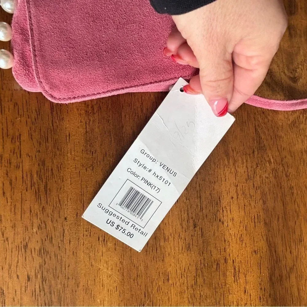Hype Pink Suede Clutch with Faux Pearl Details